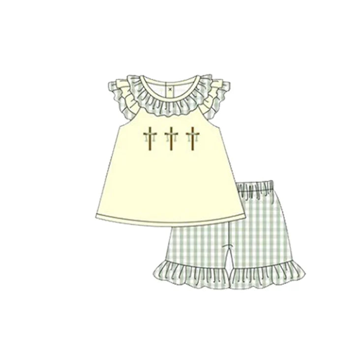11.26 MOQ:5pcs GSSO2923 pre-order baby girl clothes cross print toddler girl easter summer outfit