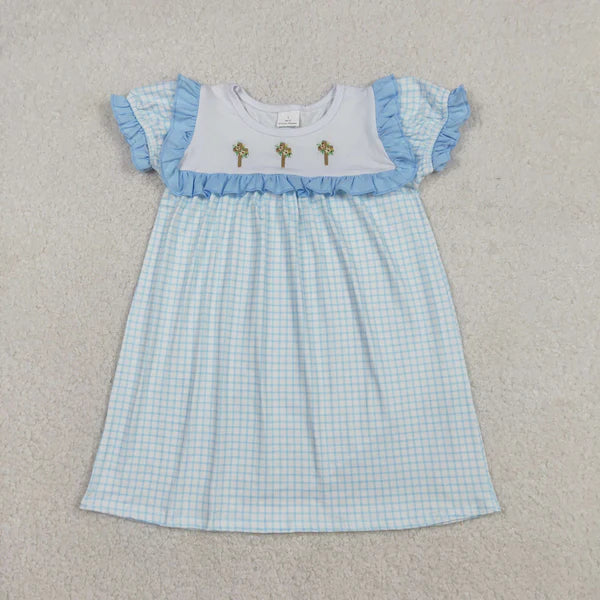 12.13 GSD2851 Embroidery Crosses Baby Girls Blue Checked Easter Knee Length Dress