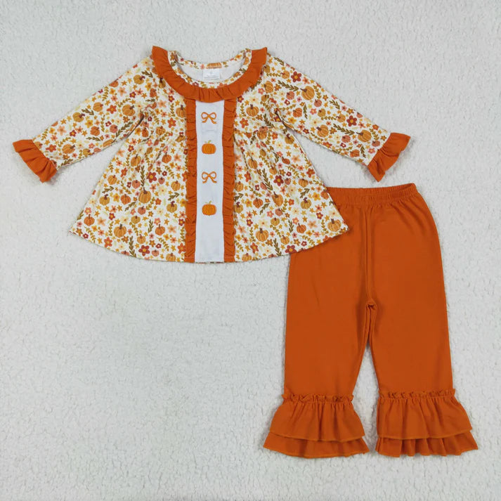 8.16 Baby Girls Long Sleeves Bows Pumpkins Floral Tunic Ruffle Pant Set