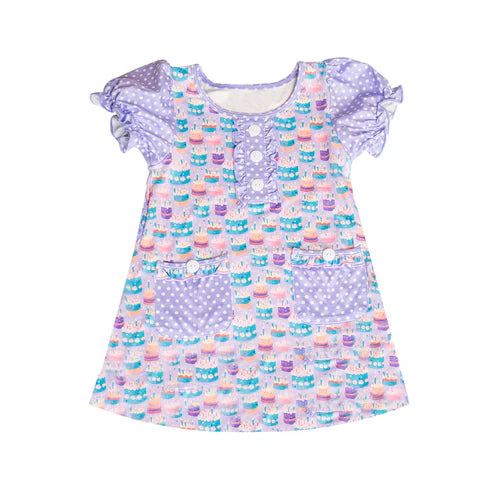 5.23 GSD2578 Baby Girls Lavender Polka Dots Birthday Cakes Button Pockets Knee Length Dress Preorder