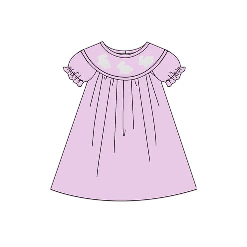 10.24 GSD2922 Baby Girls Purple Rabbits Easter Ruffle Sleeve Knee Length Dresses Preorder