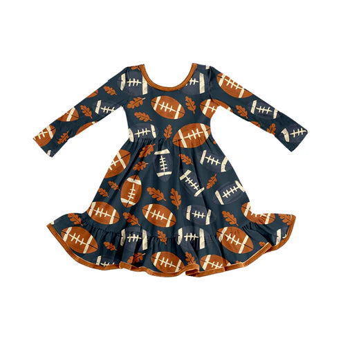 8.5 GLD1263 Baby Girls Leaves Footballs Plaid Fall Knee Length Dresses Preorder