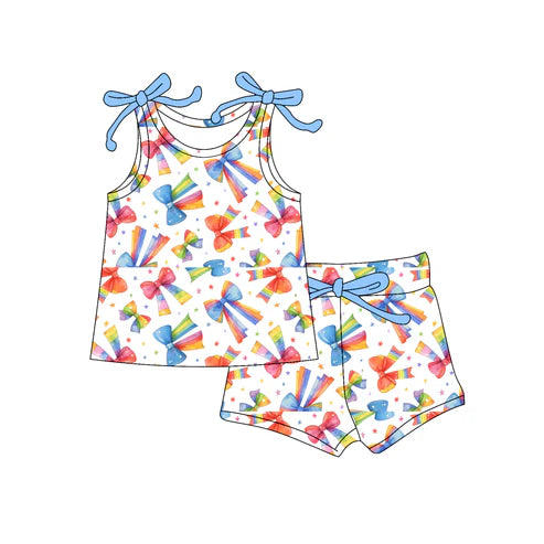 6.5 GSSO2662 Baby Girls Sleeveless Colorful Bows Stars Top Short With Belt Set Preorder