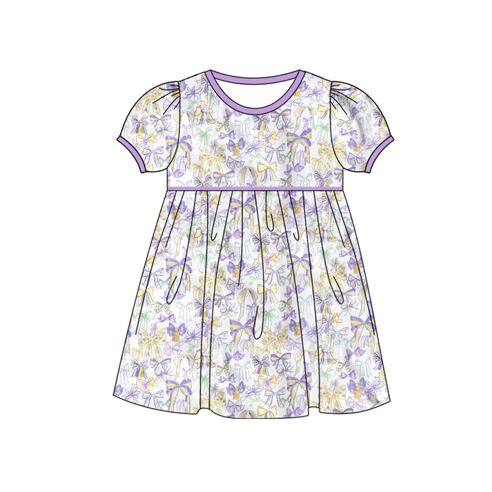 9.29 GSD2828 Baby Girls Short Ruffle Sleeve Mardigras Bows Knee Length Dresses Preorder
