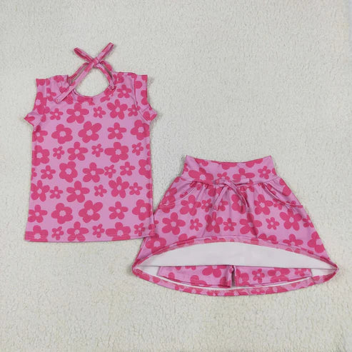 6.23 Sibling Baby Girls Pink Sleeveless Flowers Plaid Shirts Top Skorts Clothes Sets