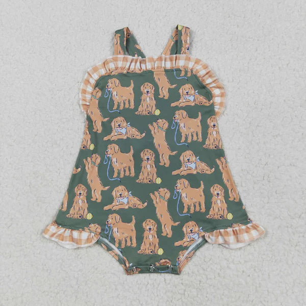 5.3 SR2986 Baby Infant Girls Green Strap Dogs Ruffle Romper
