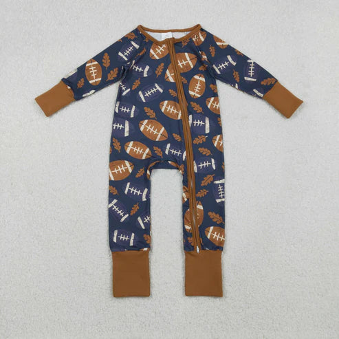 10.22 LR2543 Baby Boys Leaves Footballs Plaid Fall Zipper Footie Romper