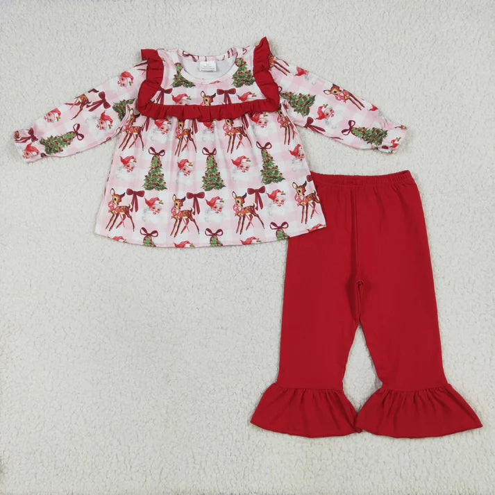 8.16 GLP2419 Baby Girls Red Long Sleeves Santa Trees Plaid Tunic Ruffle Pant Set