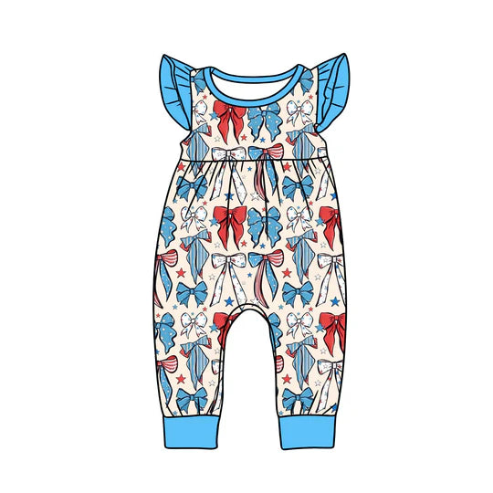 12.12 MOQ:5pcs SR3804 pre-order baby girl clothes bows print toddler girl 4th of July summer romper