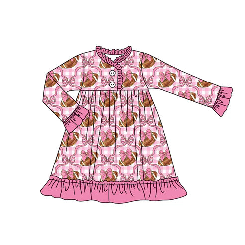 6.27 GLD1170 Baby Girls Long Sleeves Pink Bows Footballs Plaid Knee Length Dresses Preorder