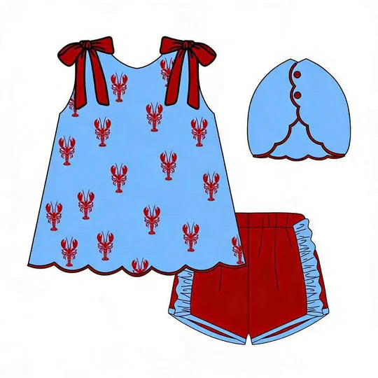 12.22 MOQ:5pcs GSSO3050 pre-order baby girl clothes Crayfish print toddler girl 4th of July summer outfit