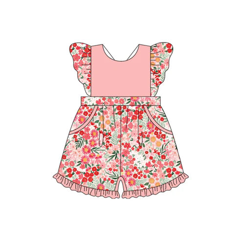 4.3 SR3011 Baby Girls Flutter Sleeves Pink Flowers Pockets Jumpsuits Preorder