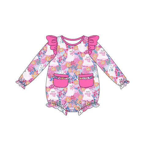 7.26 LR2471 Baby Girls Long Sleeves Ghosts Floral Pockets Ruffle Rompers Preorder