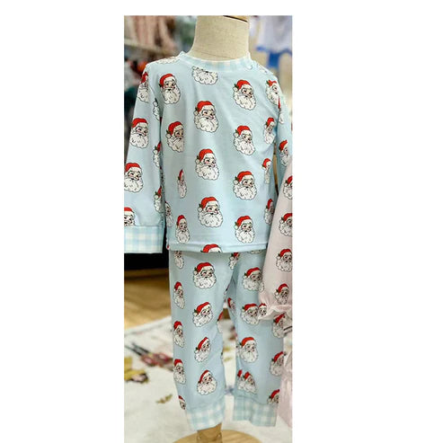 6.5 BLP1090 Baby Boys Blue Long Sleeves Santa Top Pant Pajamas Set Preorder