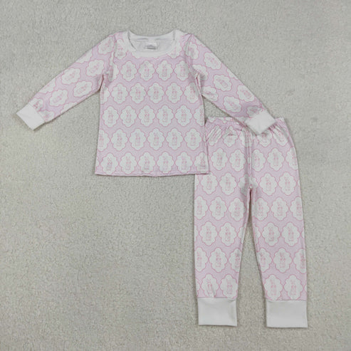 12.8 GLP3067 Baby Girls Pink Rabbits Eggs Checked Top Pants Easter Pajamas Set