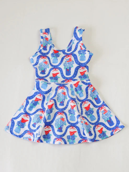 6.20 GSD2512 Baby Girls Sleeveless Floral Flags 4th Of July Knee Length Dresses Preorder