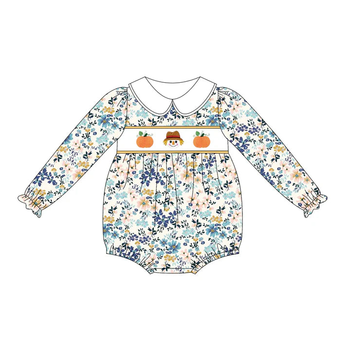 6.14 LR2246 Baby Girls Long Ruffle Sleeves Pumpkins Floral Rompers Preorder