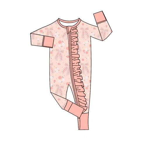 8.8 Custom Moq 5 Baby Infant Girls Pink Bows Flowers Ruffle Zipper Rompers