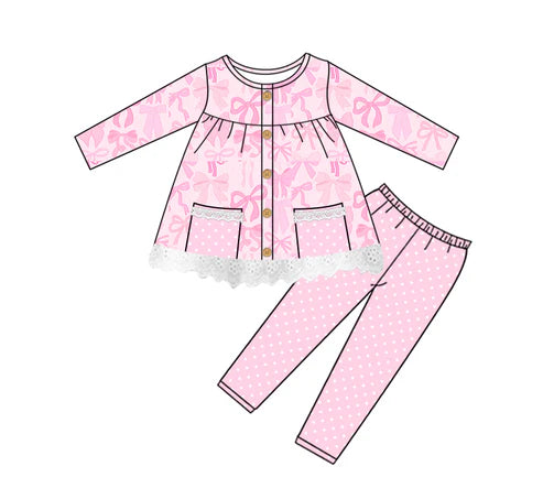 8.22 GLP2723 Baby Girls Pink Bows Plaid Button Pockets Tunic Polka Dots Legging Pant Set Preorder