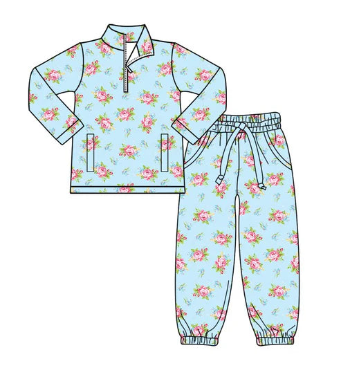 10.21 GLP2939 Baby Girls Pink Flowers Pockets Zipper Pullovers Jogger Pants Yoga Clothes Set Preorder