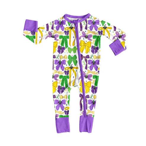 9.19 LR2673 Baby Boys Purple Yellow Green Bows Mardi Gras Zipper Footie Rompers Preorder