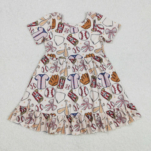 L-3.8 GSD1960 Baby Girls Baseball Bows Short Sleeve Knee Length Dress