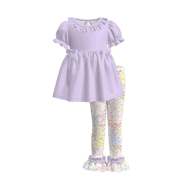 12.2 MOQ:5pcs GSPO2226 pre-order toddler girl clothes purple floral print girl spring set