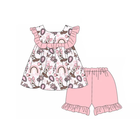 4.12 GSSO2525 Baby Girls Pink Sleeveless Boots Rainbows Top Ruffle Short Set Preorder