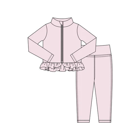 10.24 GLP3015 Baby Girls Light Pink Zipper Jackets Ruffle Top Leggings Yoga Clothes Sets Preorder