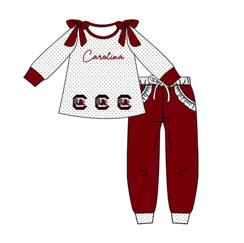 10.15 Custom Moq 8 Baby Girls Bows Carolina Team Long Sleeve Top Pants Clothes Set