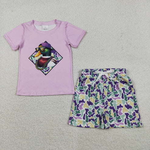 11.26 BT1415+SS0734 Baby Girls Mardigras Camo Ducks Top Pockets Shorts Hunting Clothes Set