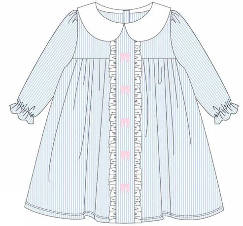 9.29 GLD1344 Baby Girls Blue Stripe Bows Valentine Ruffle Knee Length Dresses Preorder