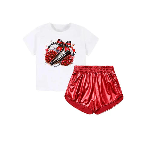 4.11 GSSO2514 Baby Girls Bows CHEER Top Red Pleather Pockets Short Set Preorder