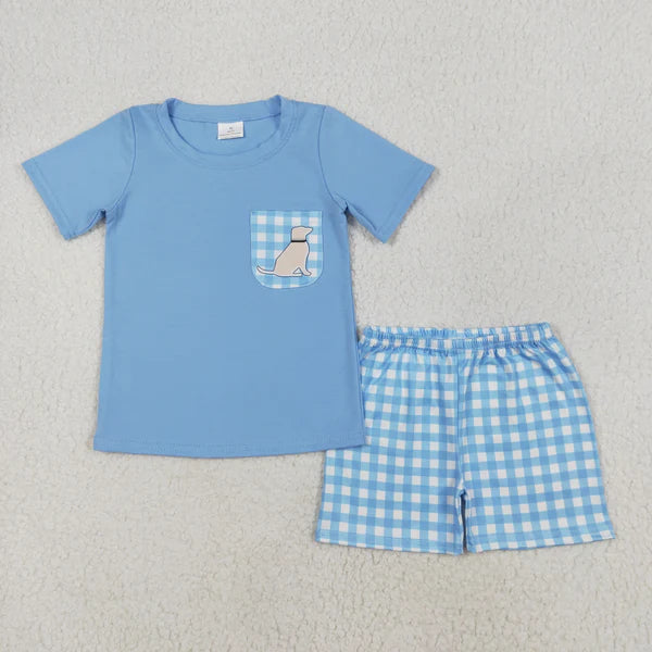 L-3.1 BSSO1190 Baby Boys Blue Dog Pocket Shirt Shorts Clothes Set