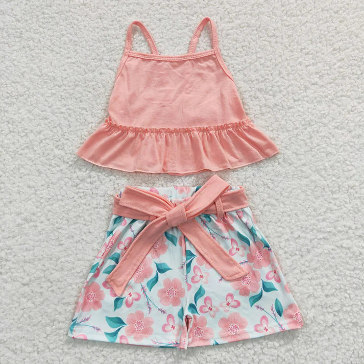 GSSO0196 Girls' pink floral halter shorts set