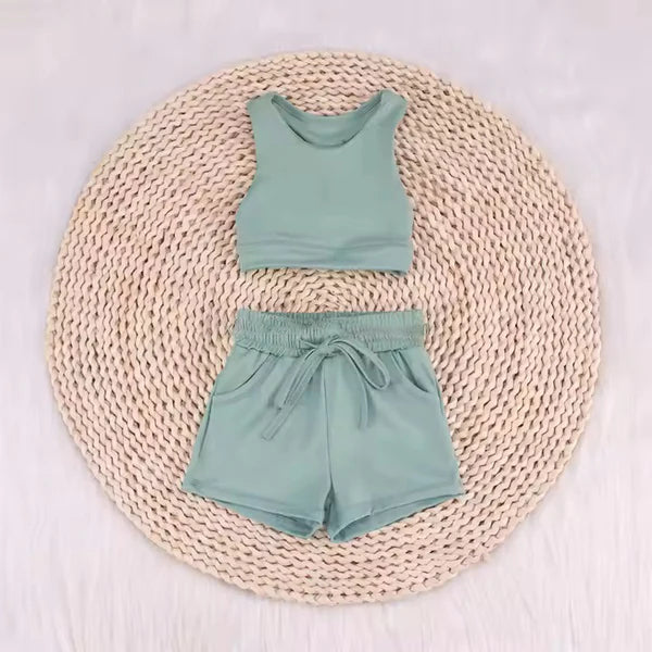 L-3.5 GSSO2133 Baby Girls Green Vest Top Sports Shorts Clothes Sets Preorder