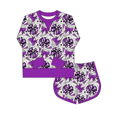 10.15 Custom Moq 8 Baby Girls Purple Bows Go Footballs Long Sleeve Top Shorts Team Clothes Set