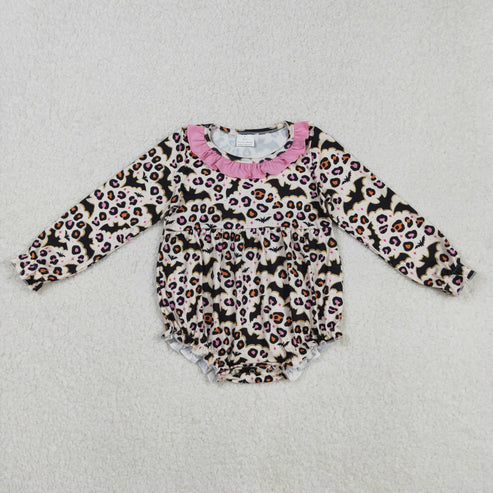 9.17 LR2473 Baby Girls Long Sleeves Leopard Bats Ruffle Romper