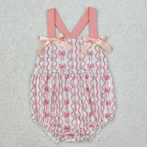 SR2704 Baby Infant Girls Pink Flowers Bows Straps Romper
