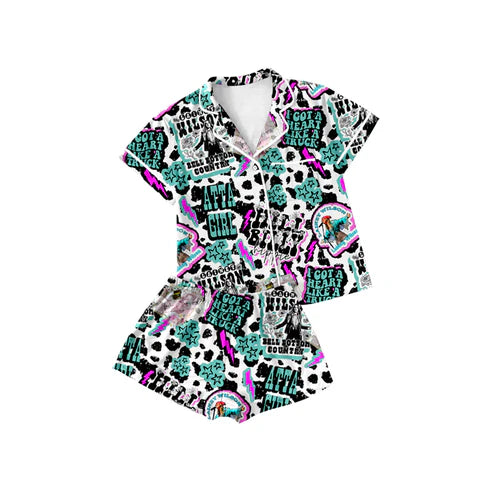4.9 GSSO2488 Baby Girls Cow Print Atta Girl Button Pocket Top Short Pajamas Set Preorder