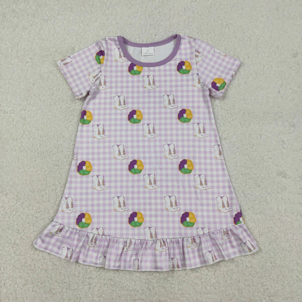 12.13 GSD2900 Baby Girls Mardigras Boots Donuts Checked Ruffle Knee Length Dress