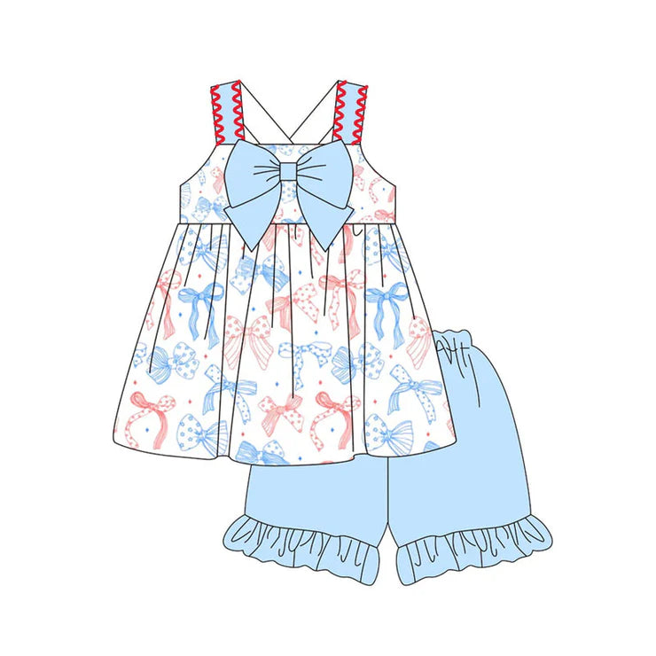 11.29 MOQ:5pcs GSSO2956 pre-order baby girl clothes bows print toddler girl 4th of July summer outfit