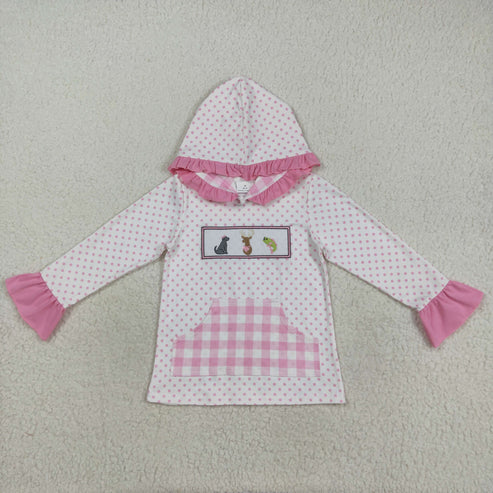 8.13 GT1106 Embroidery Baby Girls Polka Dots Long Ruffle Sleeves Dogs Deer Pocket Hoodies Top