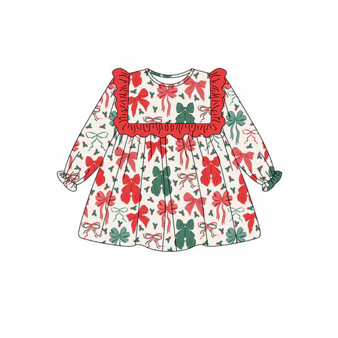 5.20 GLD1046 Baby Girls Long Ruffle Sleeves Red Green Bows Knee Length Dresses Preorder