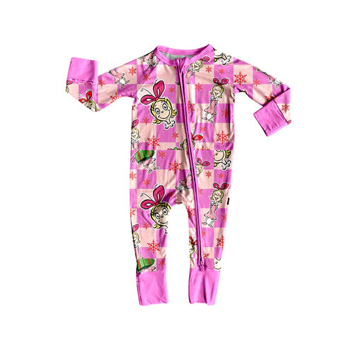 8.29 LR2611 Baby Girls Pink Checked Cartoon Miss Christmas Zipper Footie Rompers Preorder