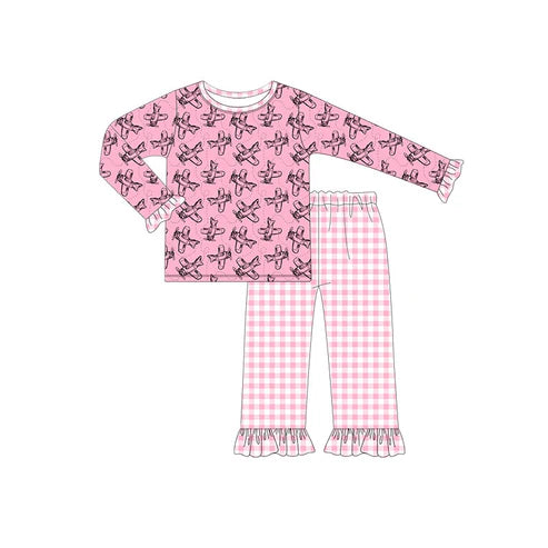 9.19 GLP2858 Baby Girls Log Sleeve Pink Planes Top Checked Pants Clothes Sets Preorder