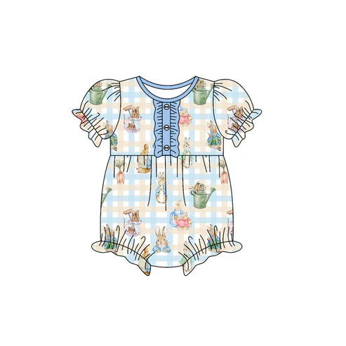 10.1 SR3251 Baby Girls Blue Checked Rabbits Easter Button Ruffle Rompers Preorder