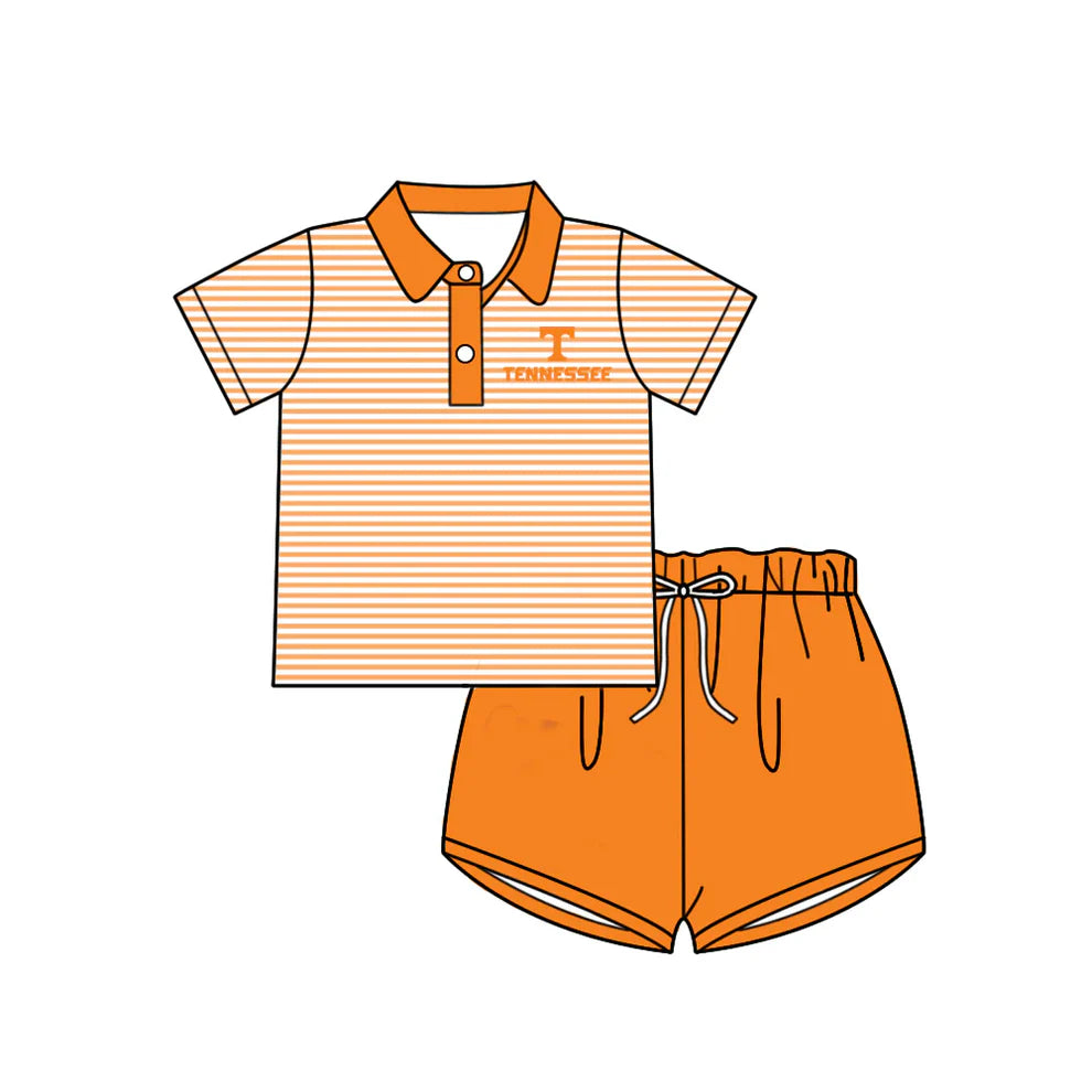 6.21 Custom Moq 3 Baby Boys Orange Stripe Short Sleeves Button Tennessee Top Shorts Team Set