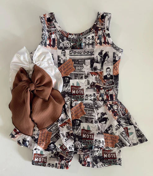 4.21 SR3073 Baby Girls Sleeveless Horses Rodeos Cowboy Skort Jumpsuits Preorder