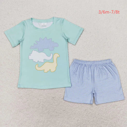 BSSO0920 Dinosaur turquoise short-sleeved plaid shorts suit